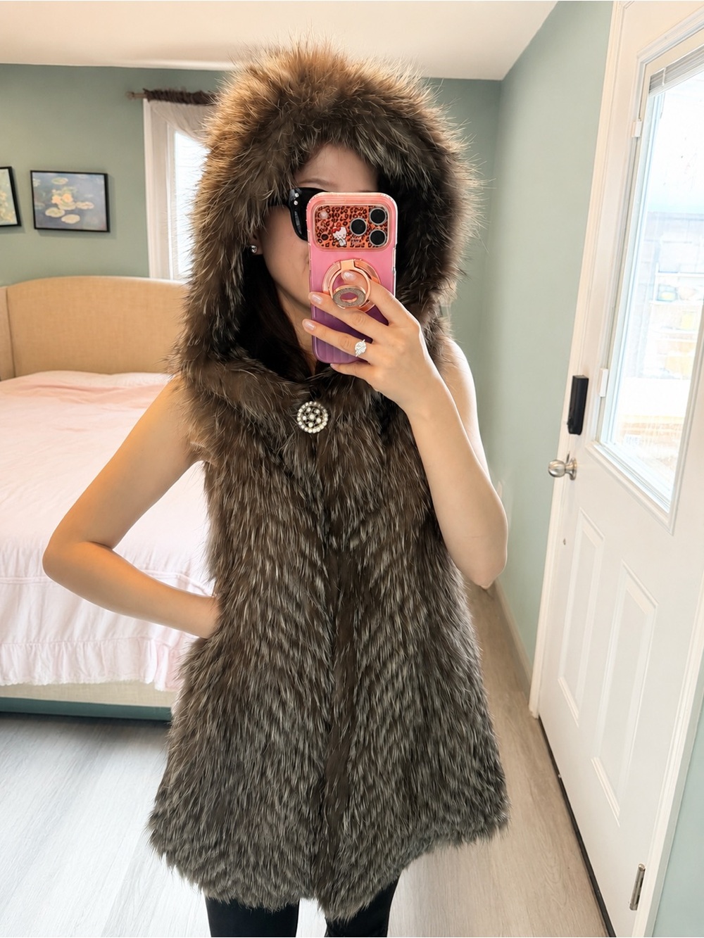 Genuine Silver Fox Fur Hooded Longline Vest Fits S